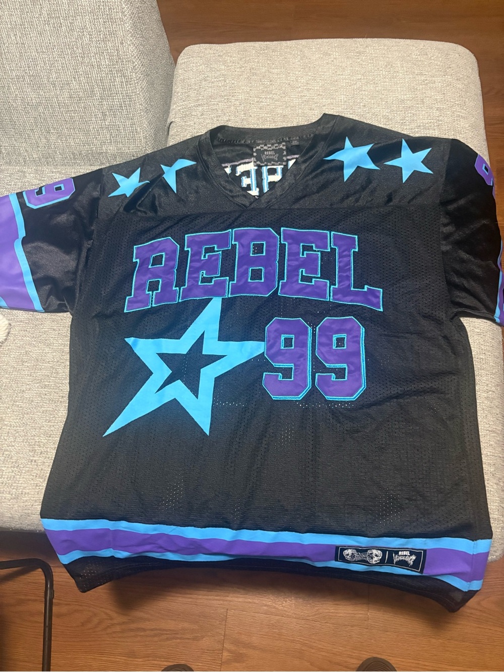 REBEL VENGEANCE Men  Football Jersey Shirt Blue Purple Accents 99 2XL